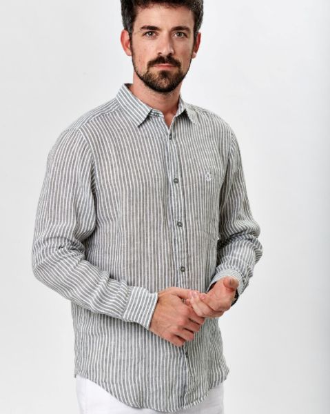Image de Chemise lin manches longues rayée S KAKI